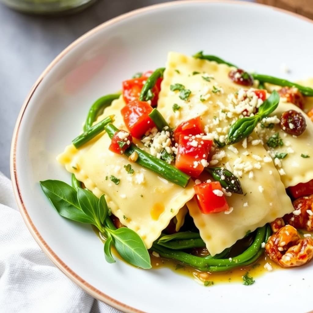 Ravioli med ricotta og asparges, servert med erte-saus