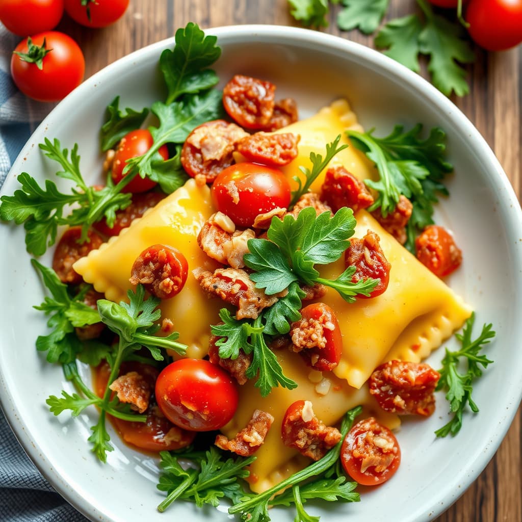 Ravioli med ruccola, tomater og pancetta