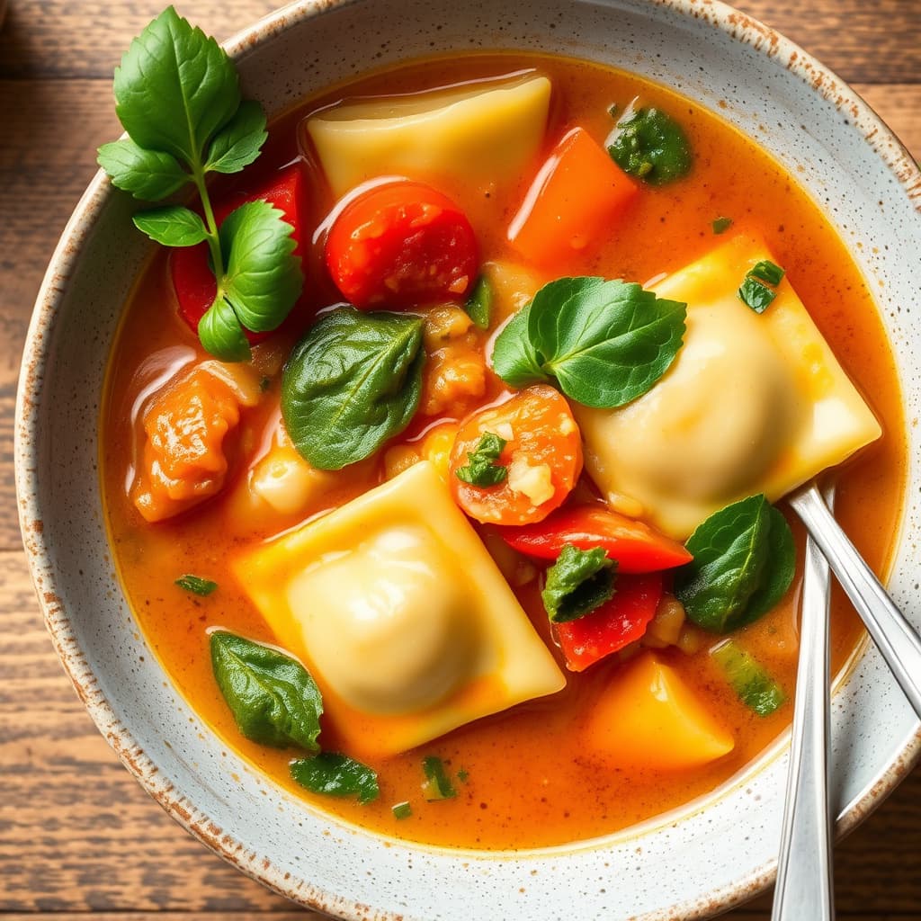 Ravioli og grønnsakssuppe