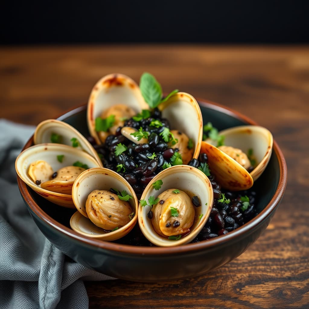 Razor-heller med fermenterte svarte bønner og hellig basilikumpasta