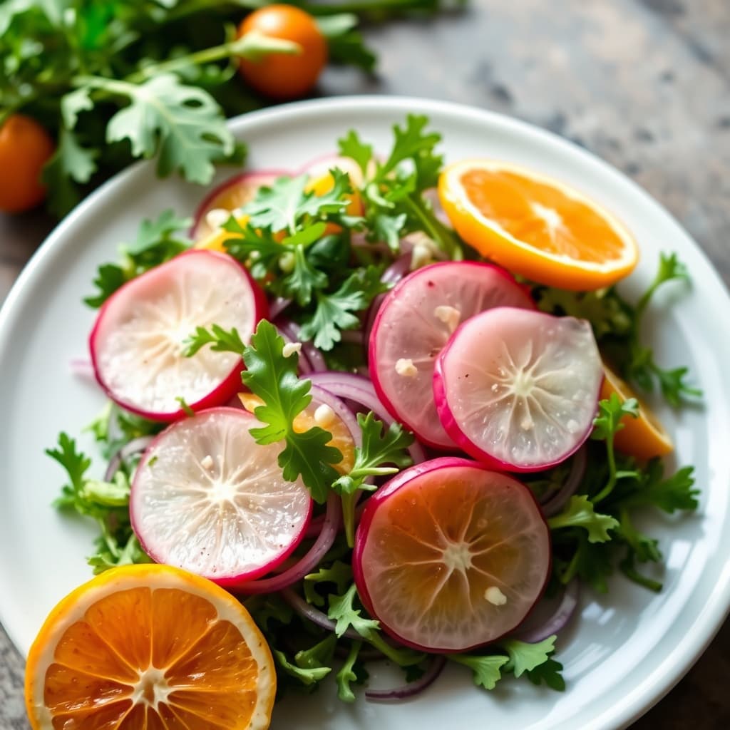 Reddik-, ruccola- og rødløksalat med mandariner