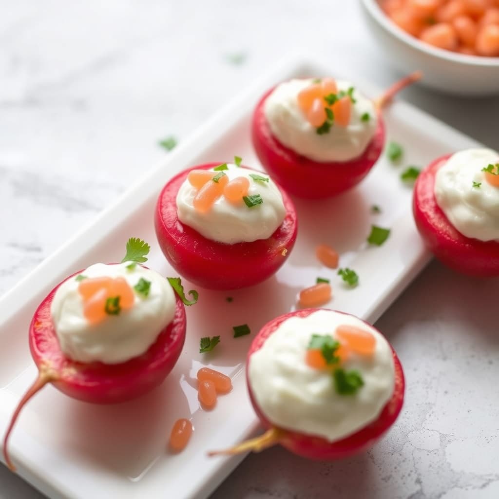 Reddiker fylt med lakserogn og sitronkrem