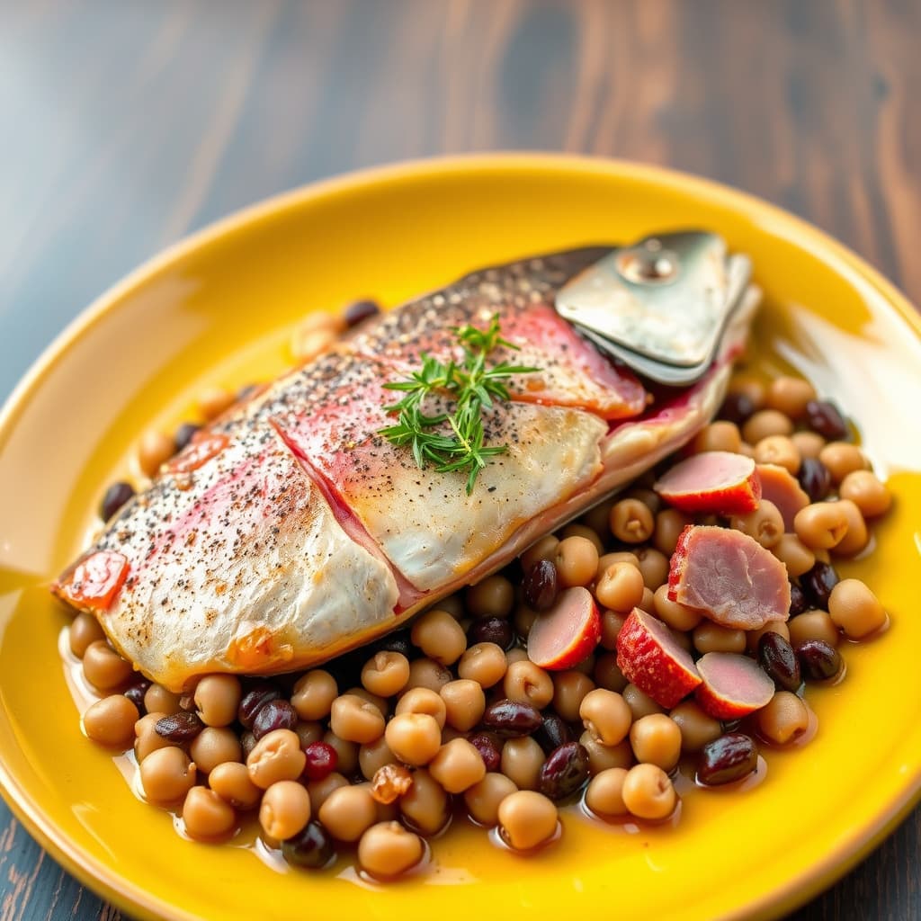 Regnbueørret med svarte øyne-bønner og landsskinke