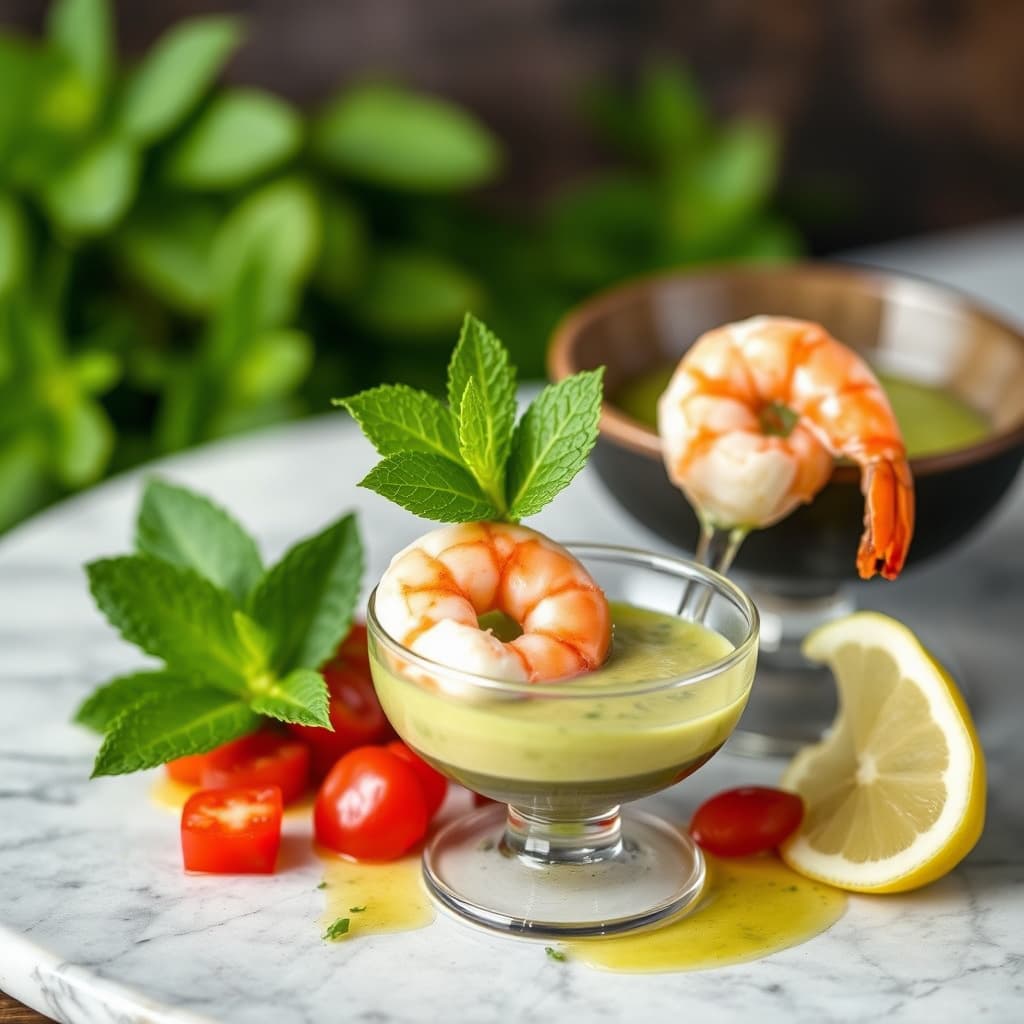 Reke-cocktail med serrano-mynte-saus