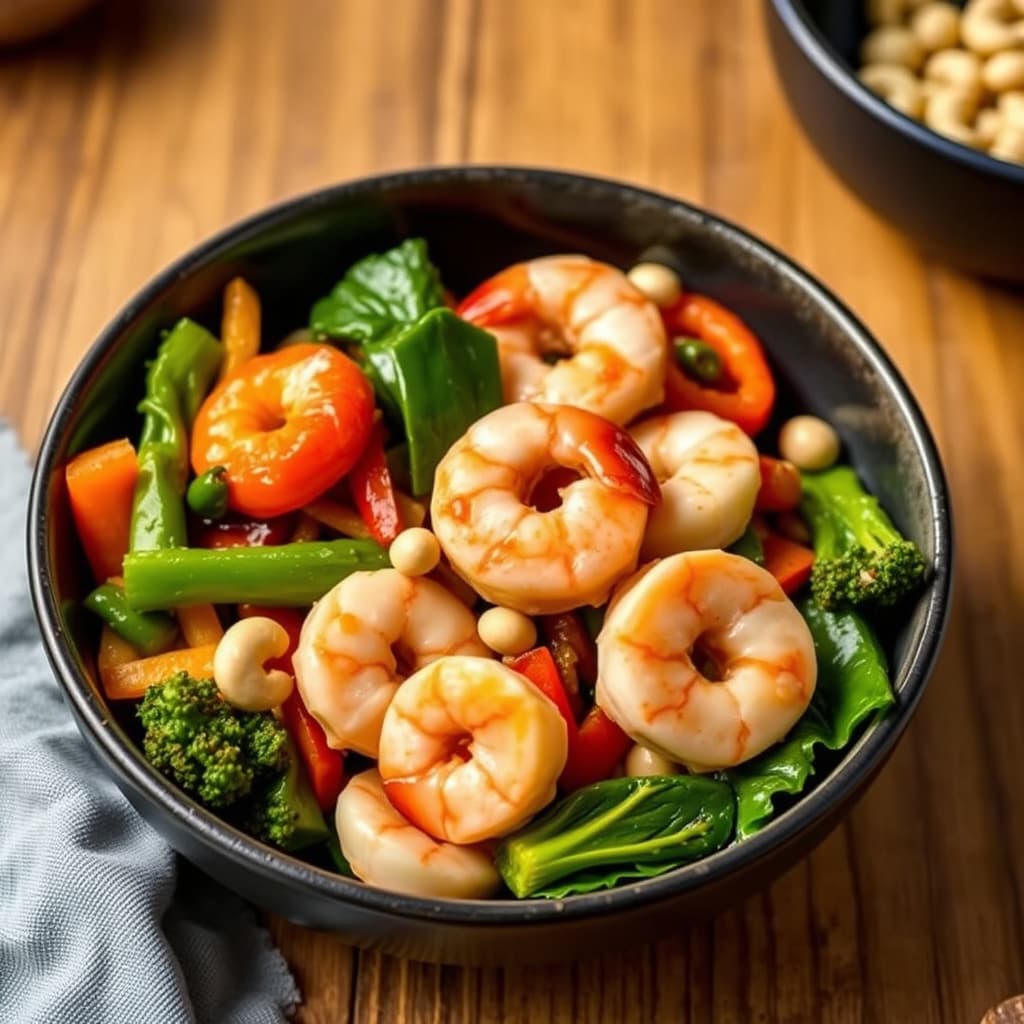 Reke-, grønnsaks- og casheww stir-fry