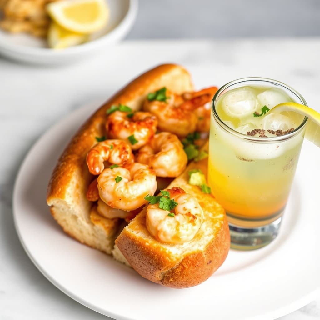 Reke- og hummer-sandwich med østers-shooter på siden