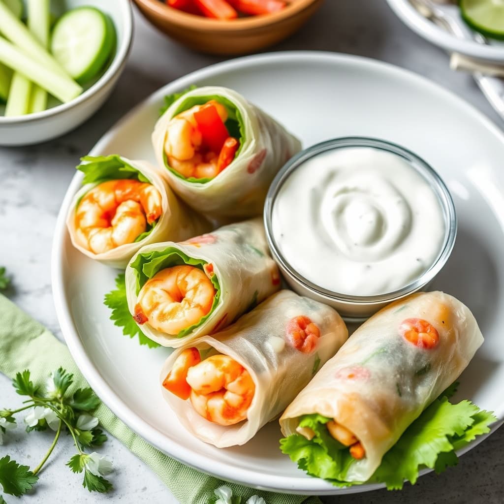 Reke-våruller med agurk-yoghurtdip