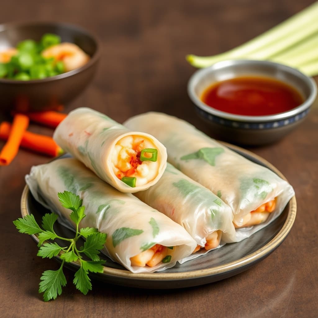Reke-våruller med hoisinsaus til dipping