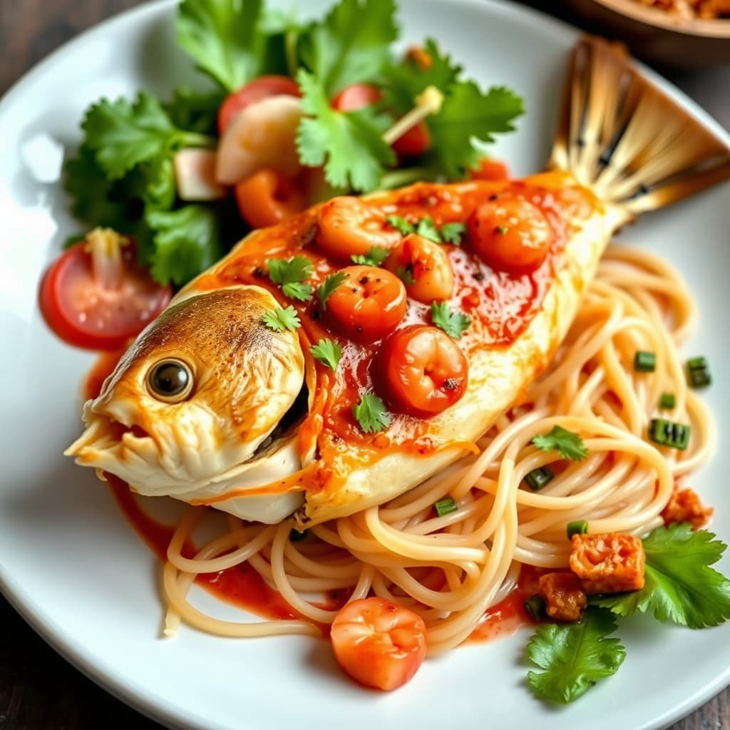 Reker fylt med krydret fisk og vermicelli