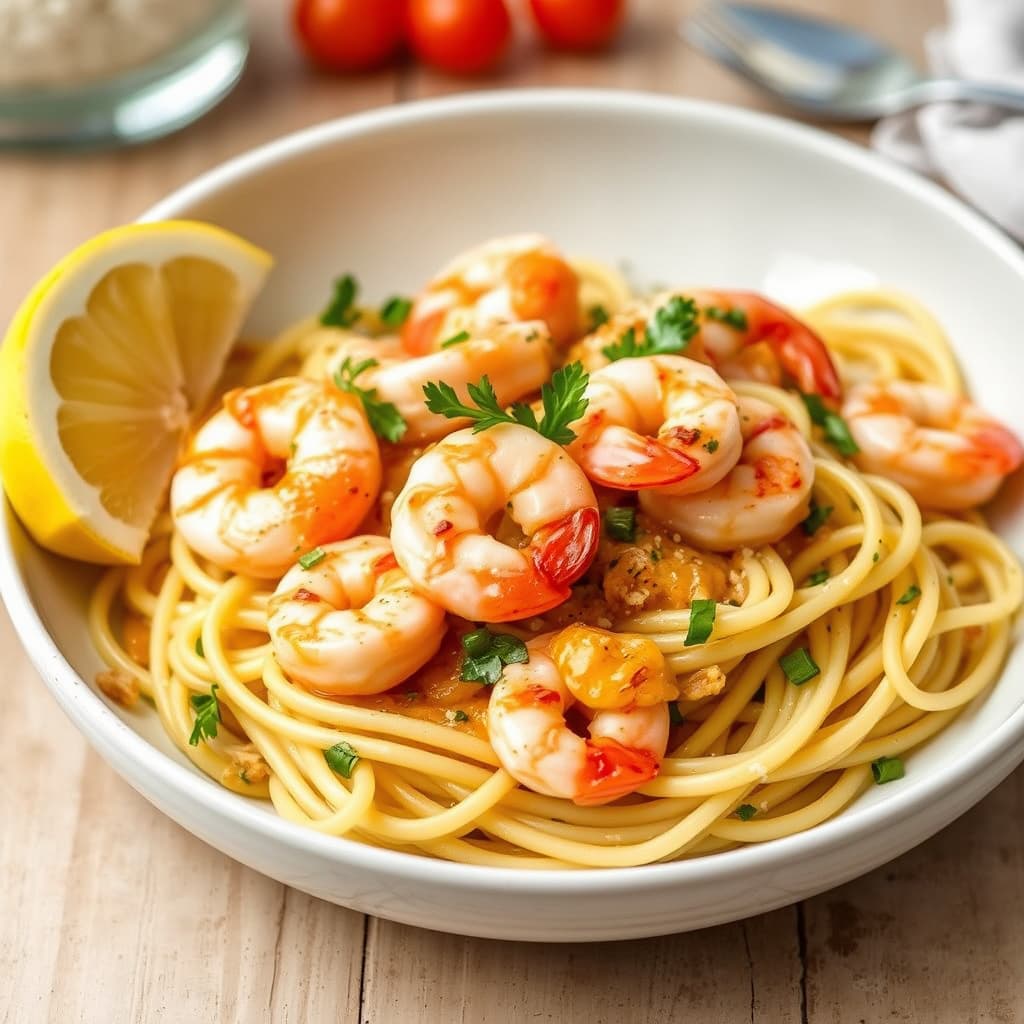 Reker i hvitløkssaus med linguine