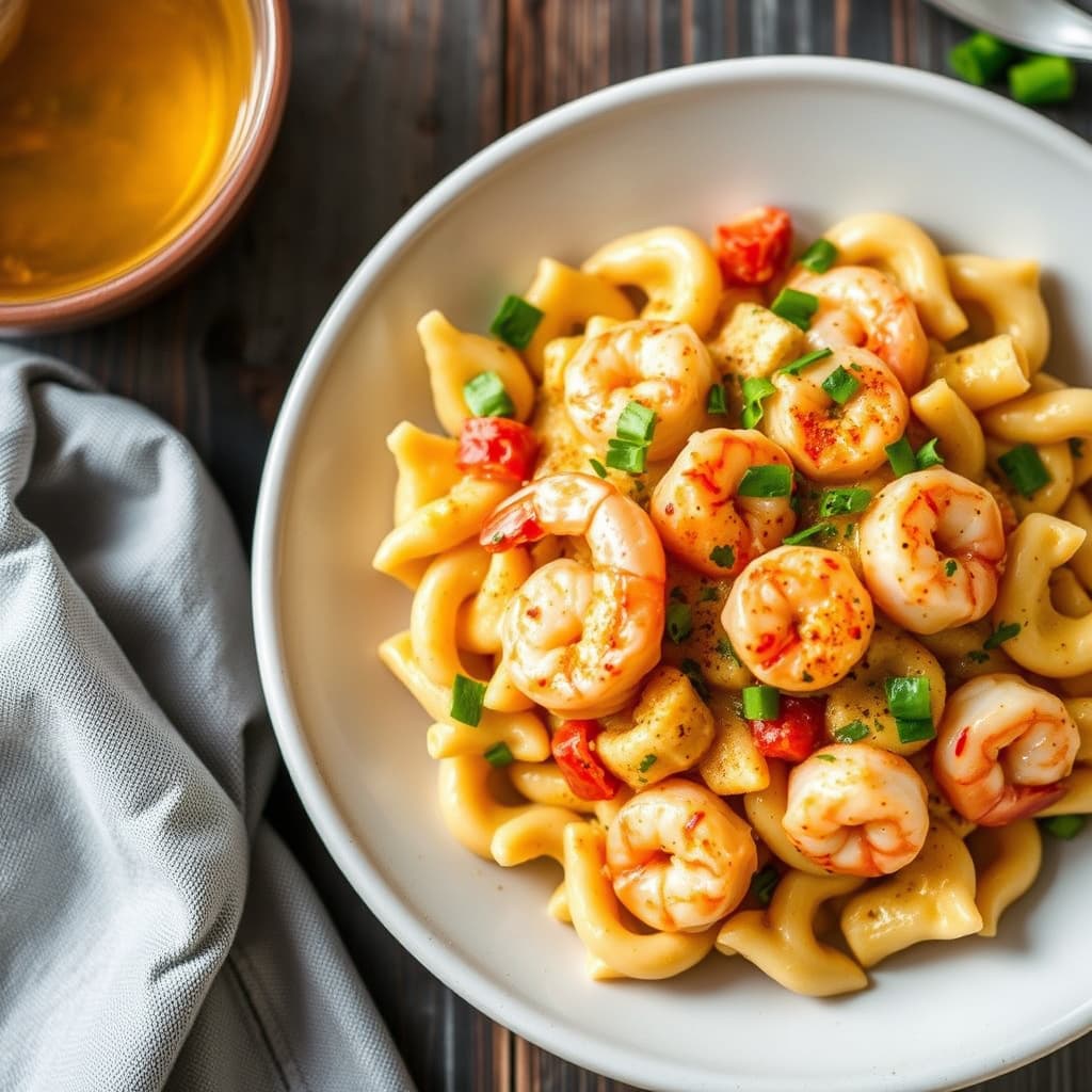 Reker i scampi-saus med makaroni og ost