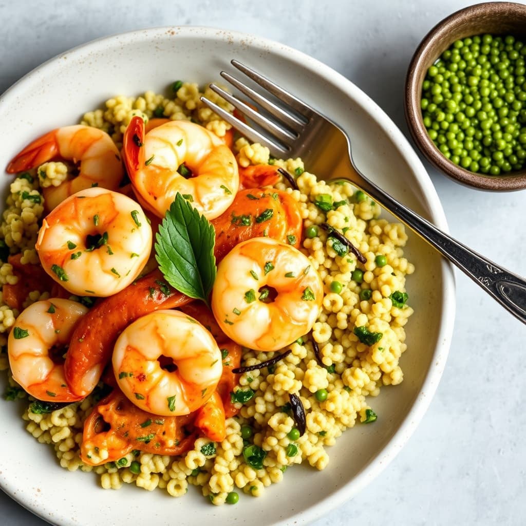 Reker i scampi-saus med pestocouscous