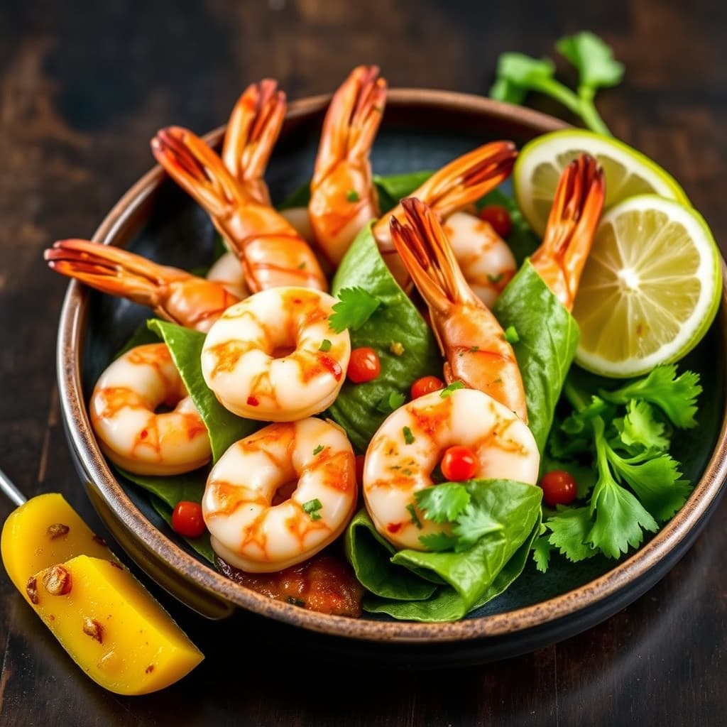 Reker innbakt i koriander med krydret syltet ananas