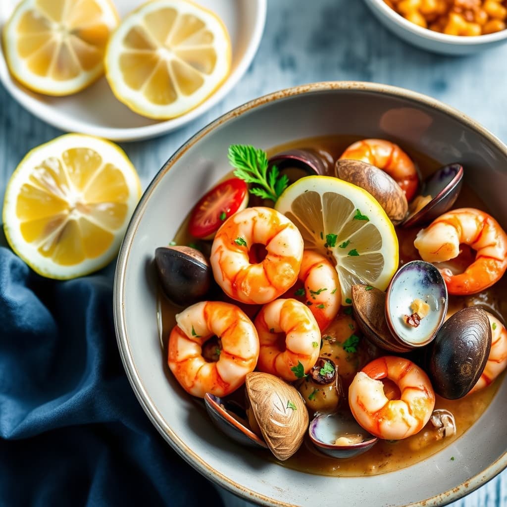 Reker kokt med blåskjell og sitron