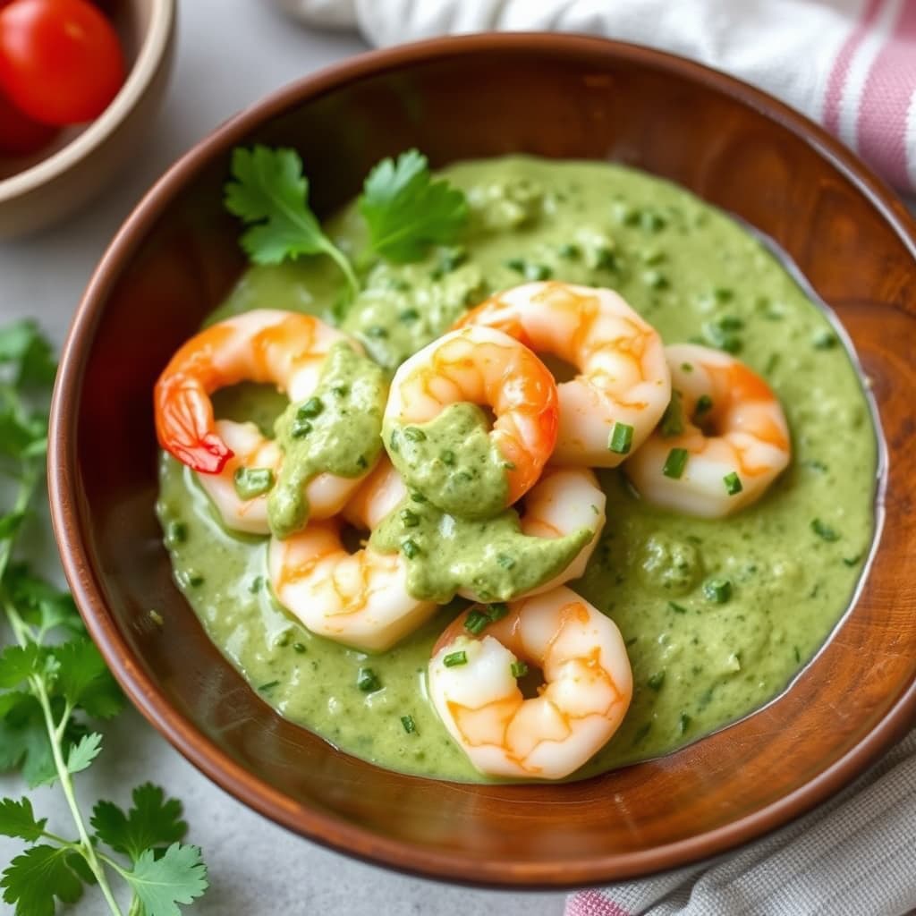 Reker med grønn gudinne-saus