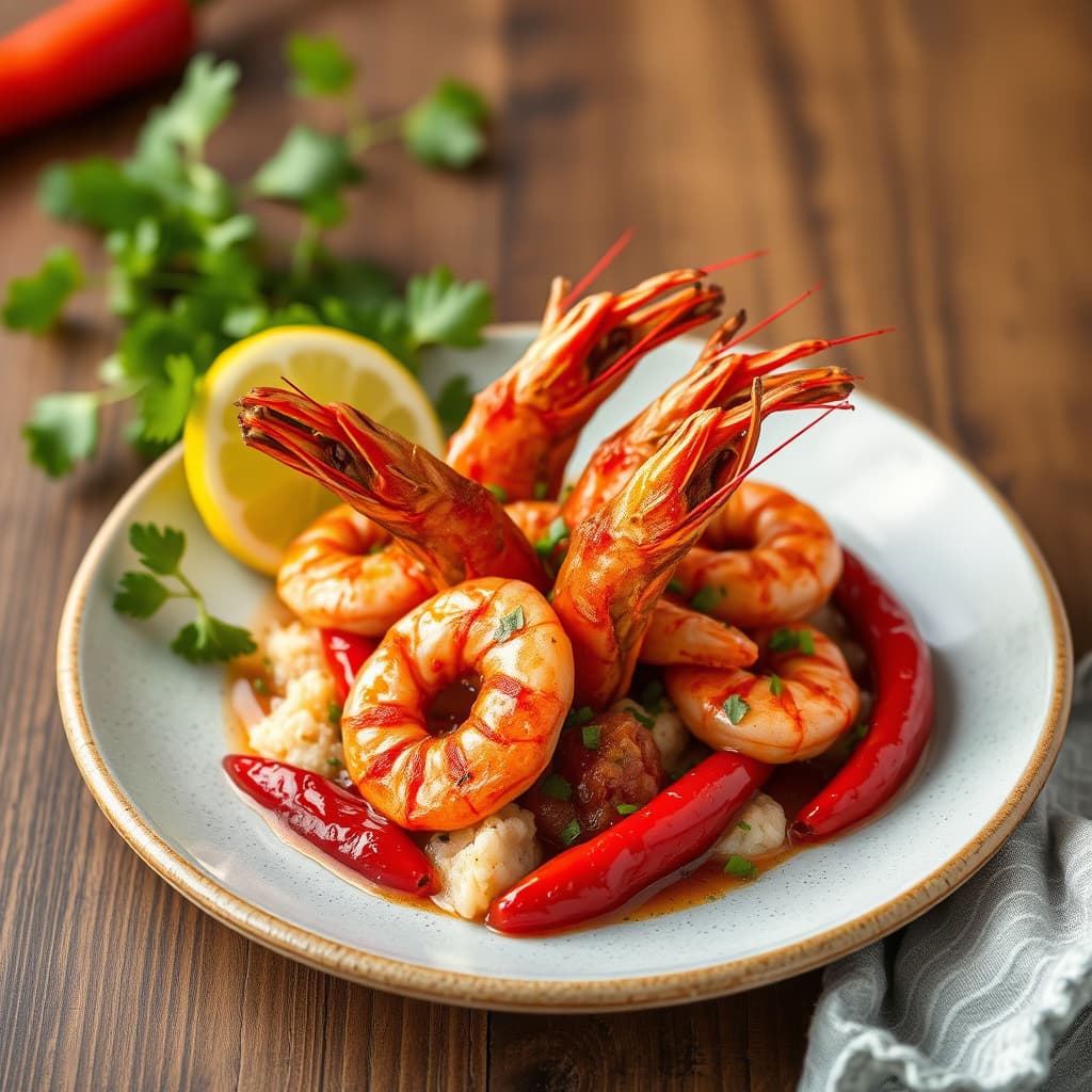 Reker med hete røde chili: Camaroes Piri-Piri