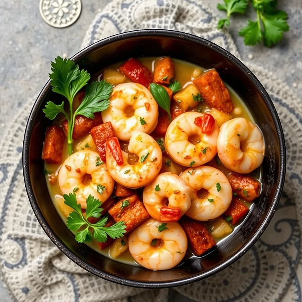 Reker og chorizo i hvitløksaus