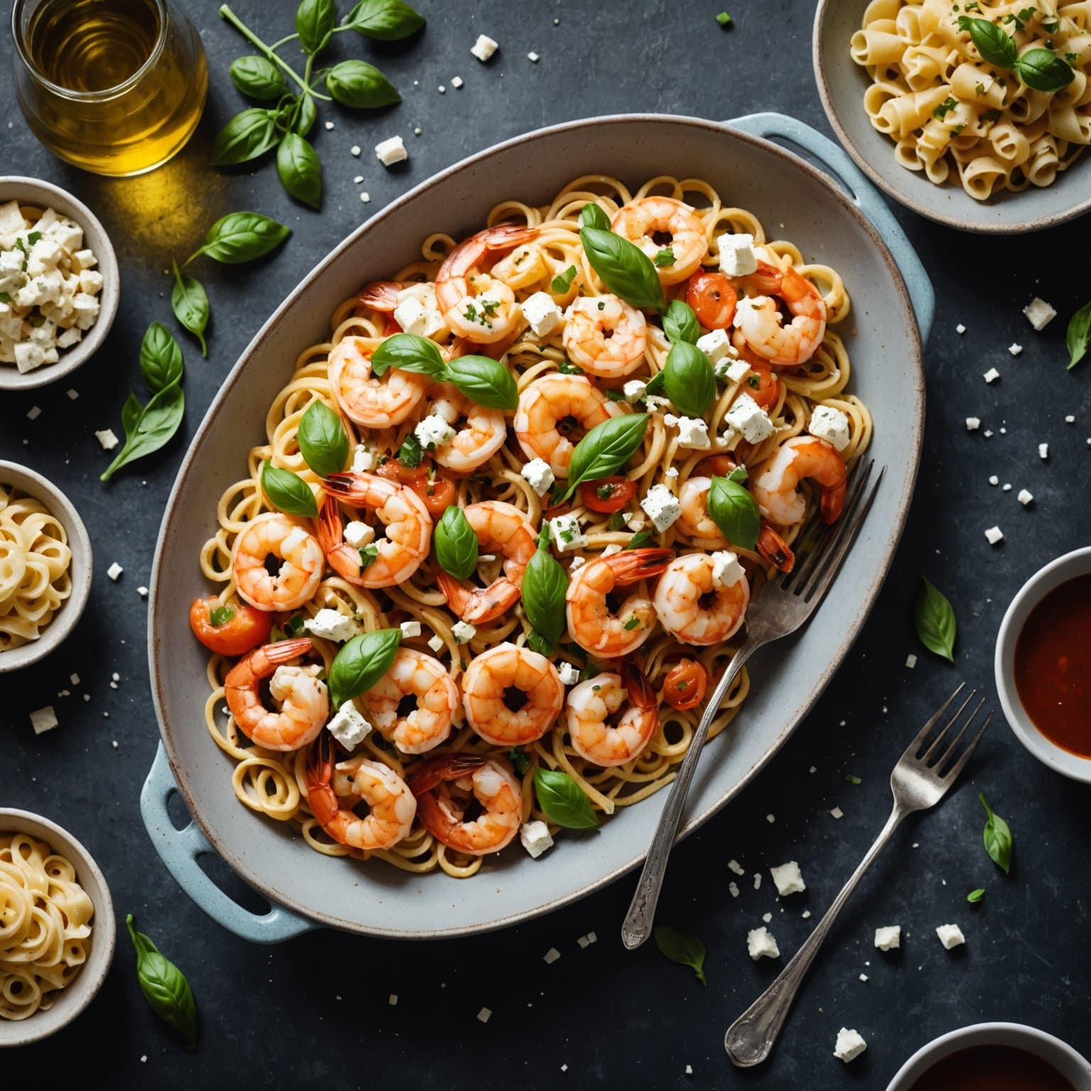 Reker og fetaost med pasta