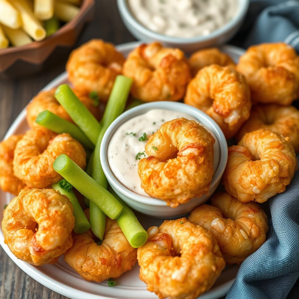 Reker og hushpuppies med Vidalia-løkdip