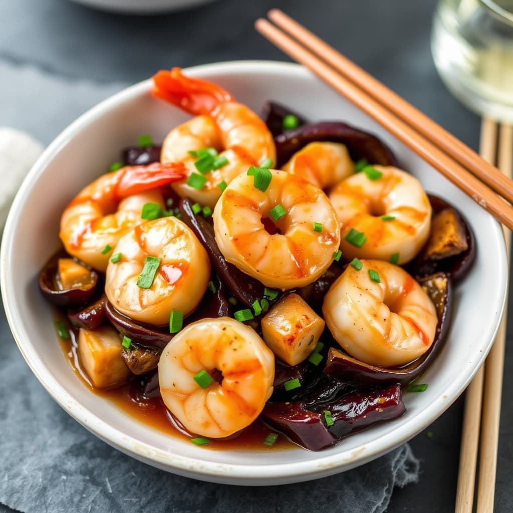 Reker og kamskjell med asiatisk aubergine