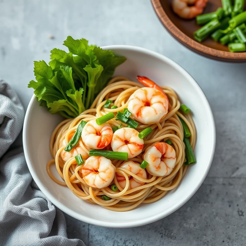 Reker og purreløk soba-nudler