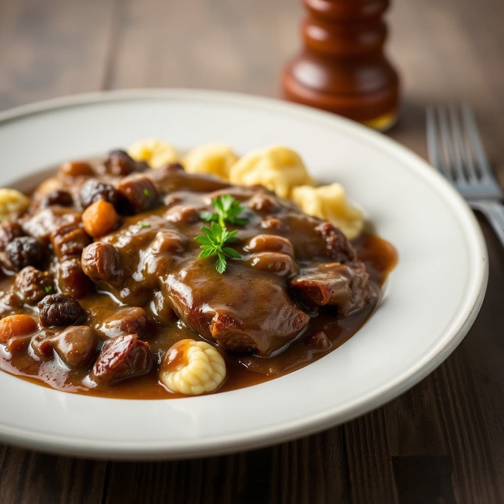 Rhineland-stil Sauerbraten med rosinssaus