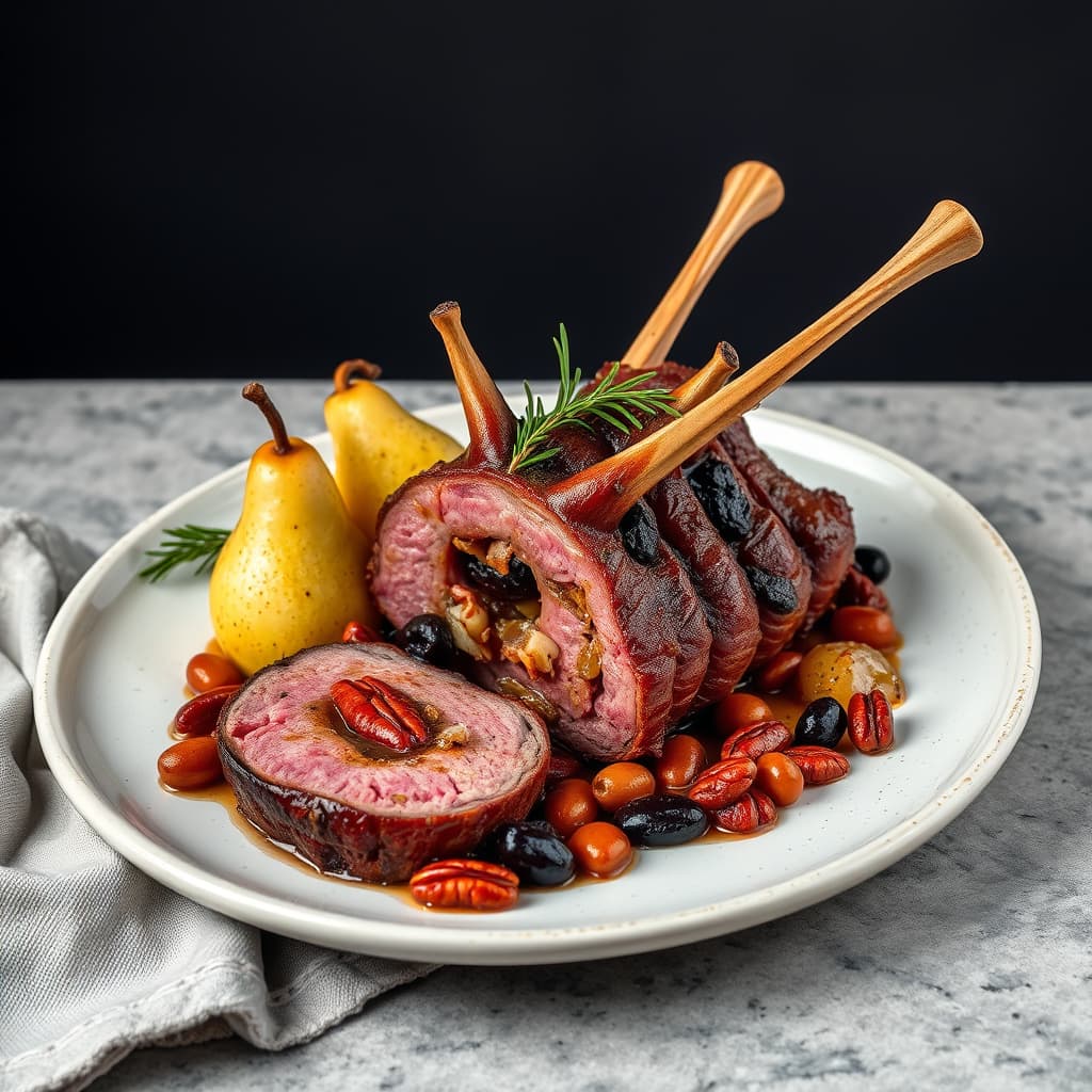 Ribbe av hjort med fyll av pekannøtter, currants, pølse og pærer