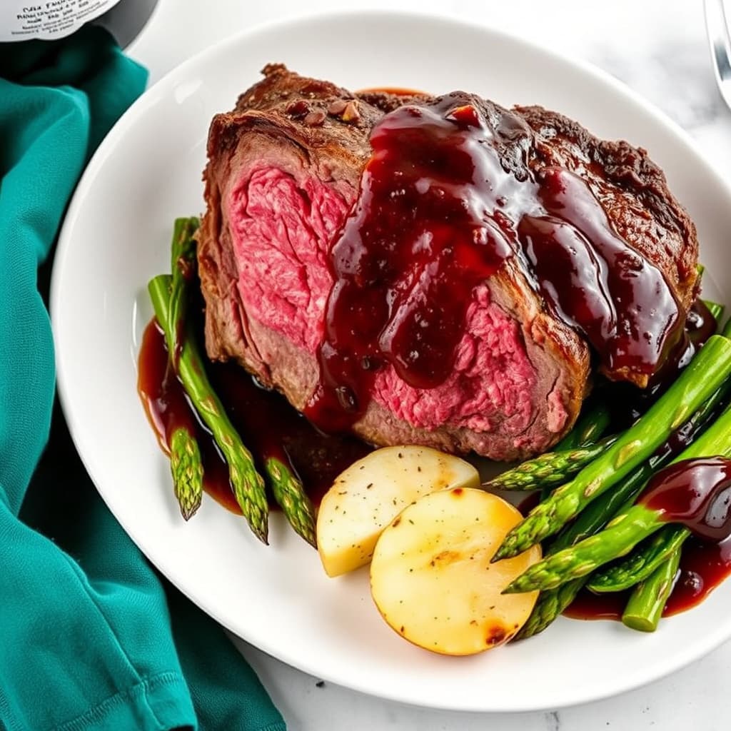 Ribbe med rødvinsdemi-glace og ovnsbakte hvite poteter og asparges