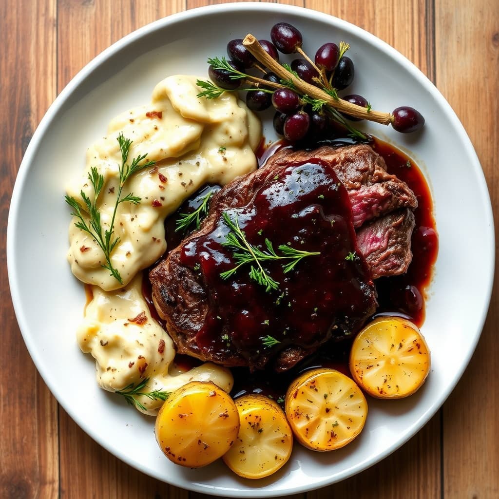 Ribeye-steak med ovnsbakte drue- og rødvinsaus og kremete pastinakker og poteter
