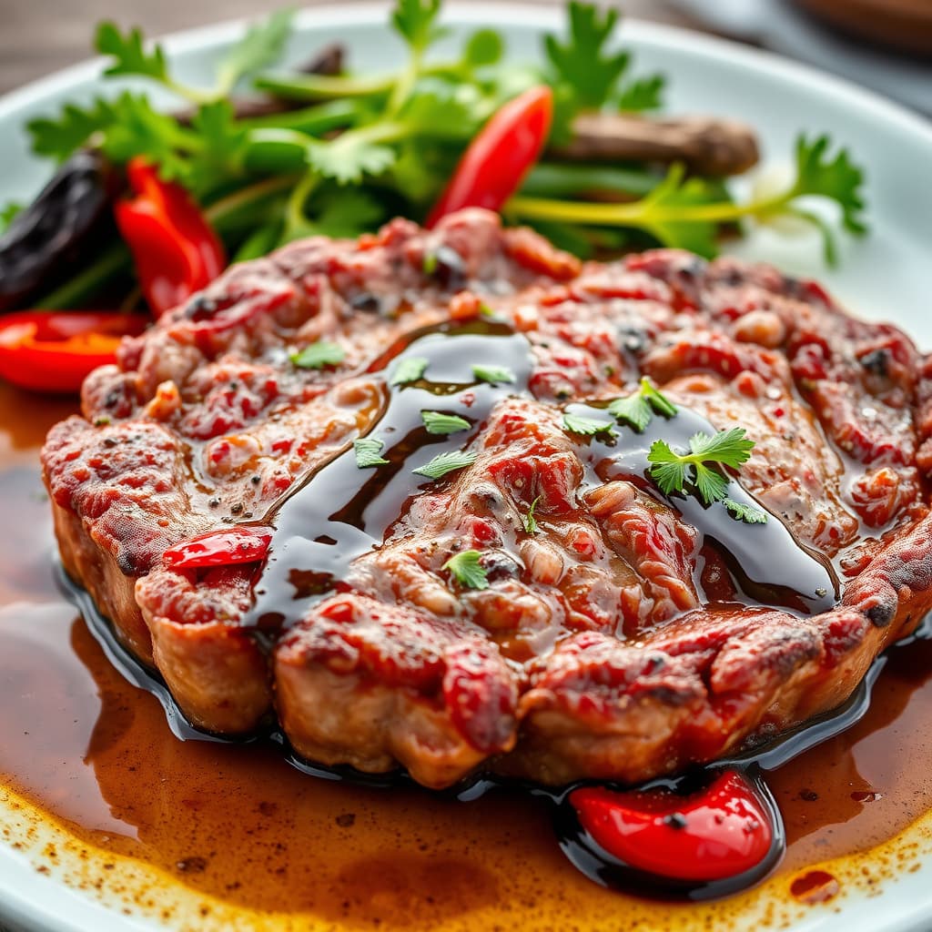 Ribeye-steak med ovnsbakte røde paprika og balsamicoeddik