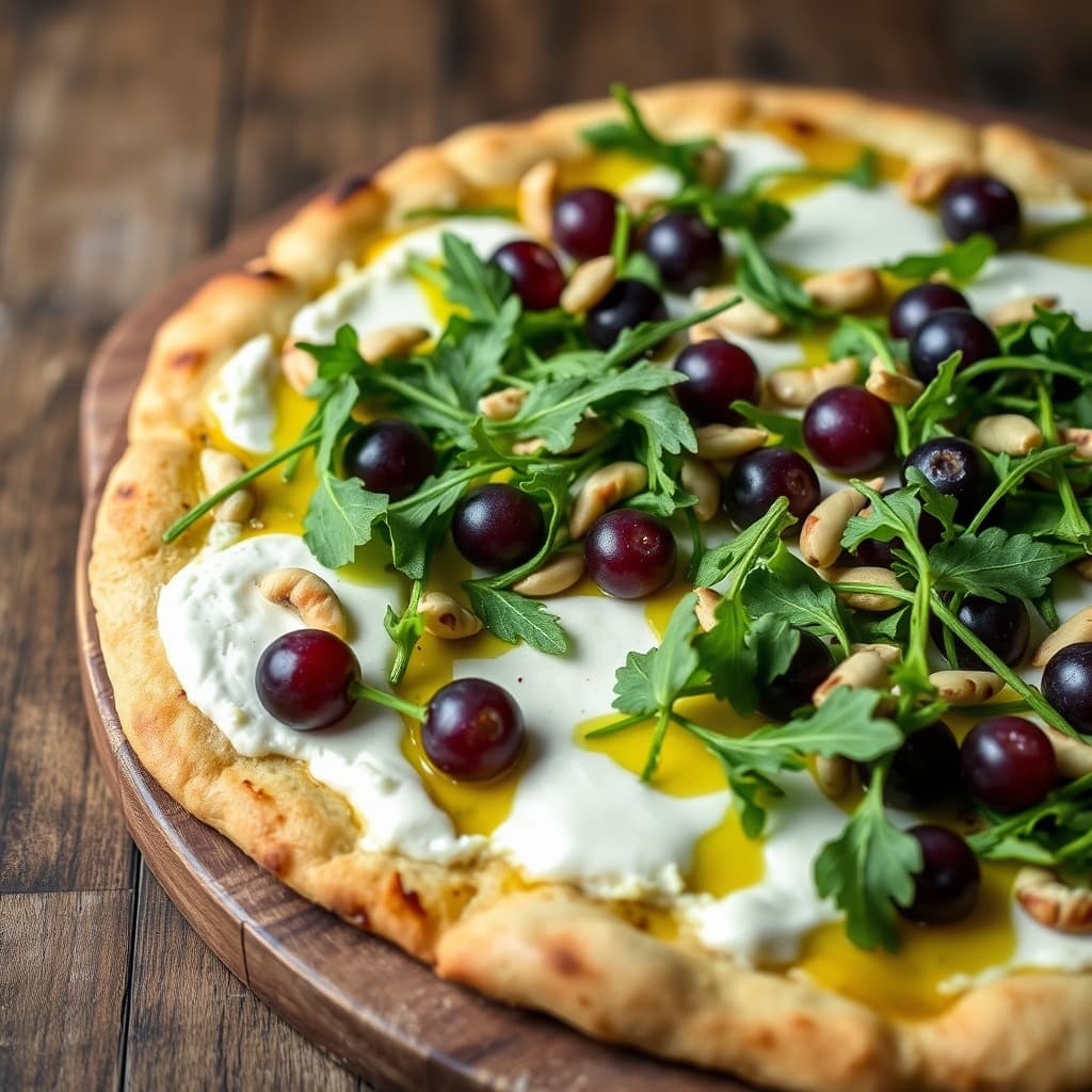 Ricotta, ruccola og druepizza med pinjekjerner og sitronolje