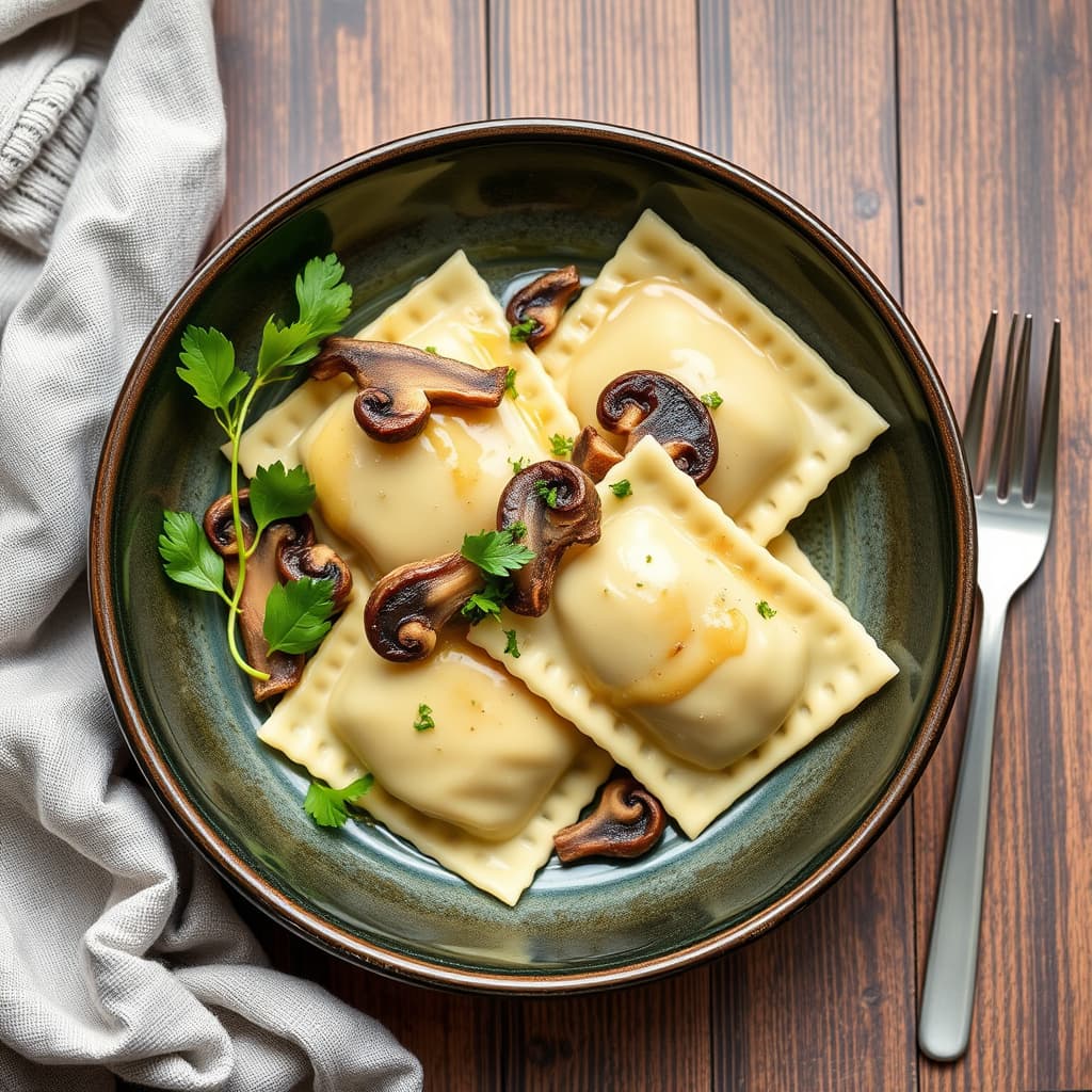 Ricotta-Taleggio ravioli med vill sopp-saus