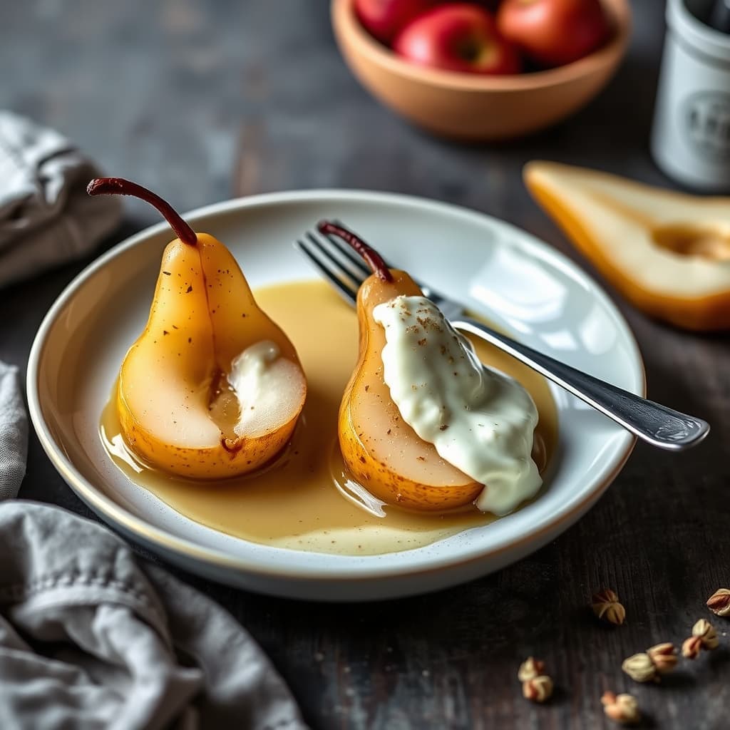 Riesling-dampede pærer med kardemommekrem