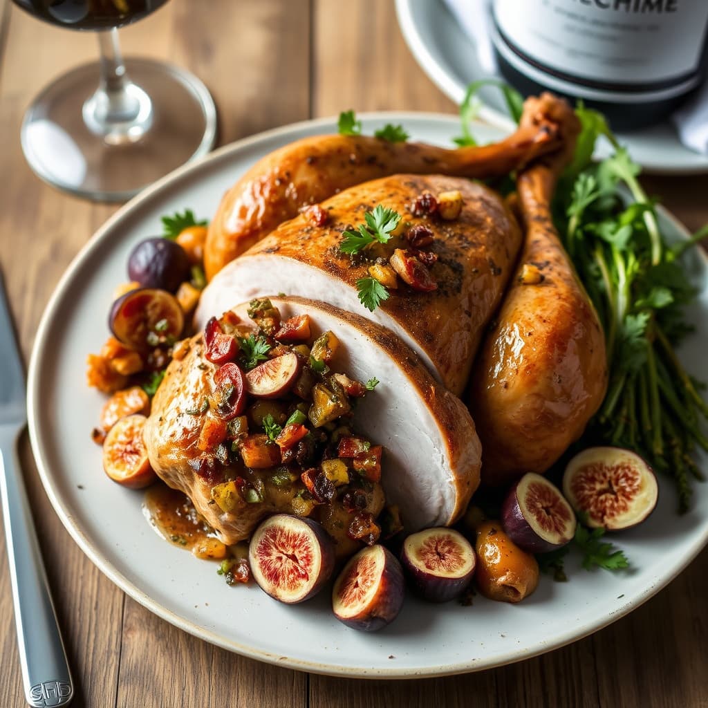 Riesling-ristet kalkun med fiken- og rotgrønnsaksfyll