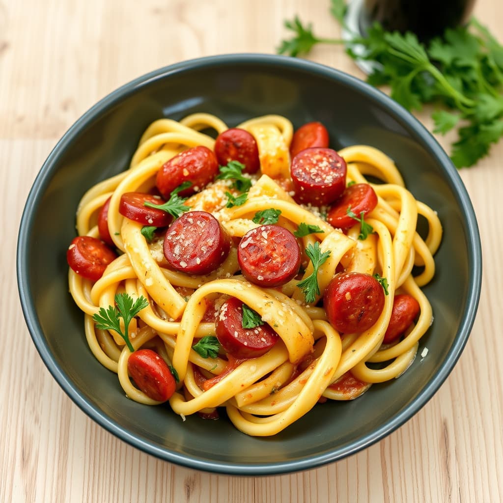 Rigatoni med krydret pølse og fennikel