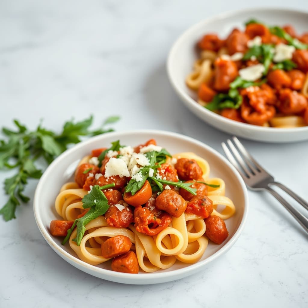Rigatoni med krydret pølse- og tomatsaus, ruccola og parmesan