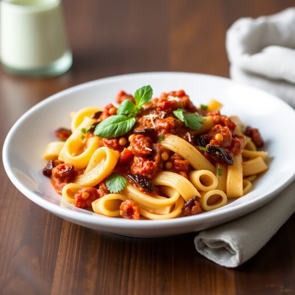 Rigatoni med krydret soltørket tomatsaus