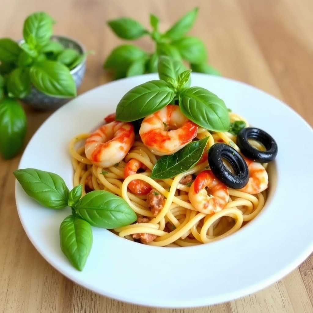 Rigatoni med reker, kamskjell og basilikum