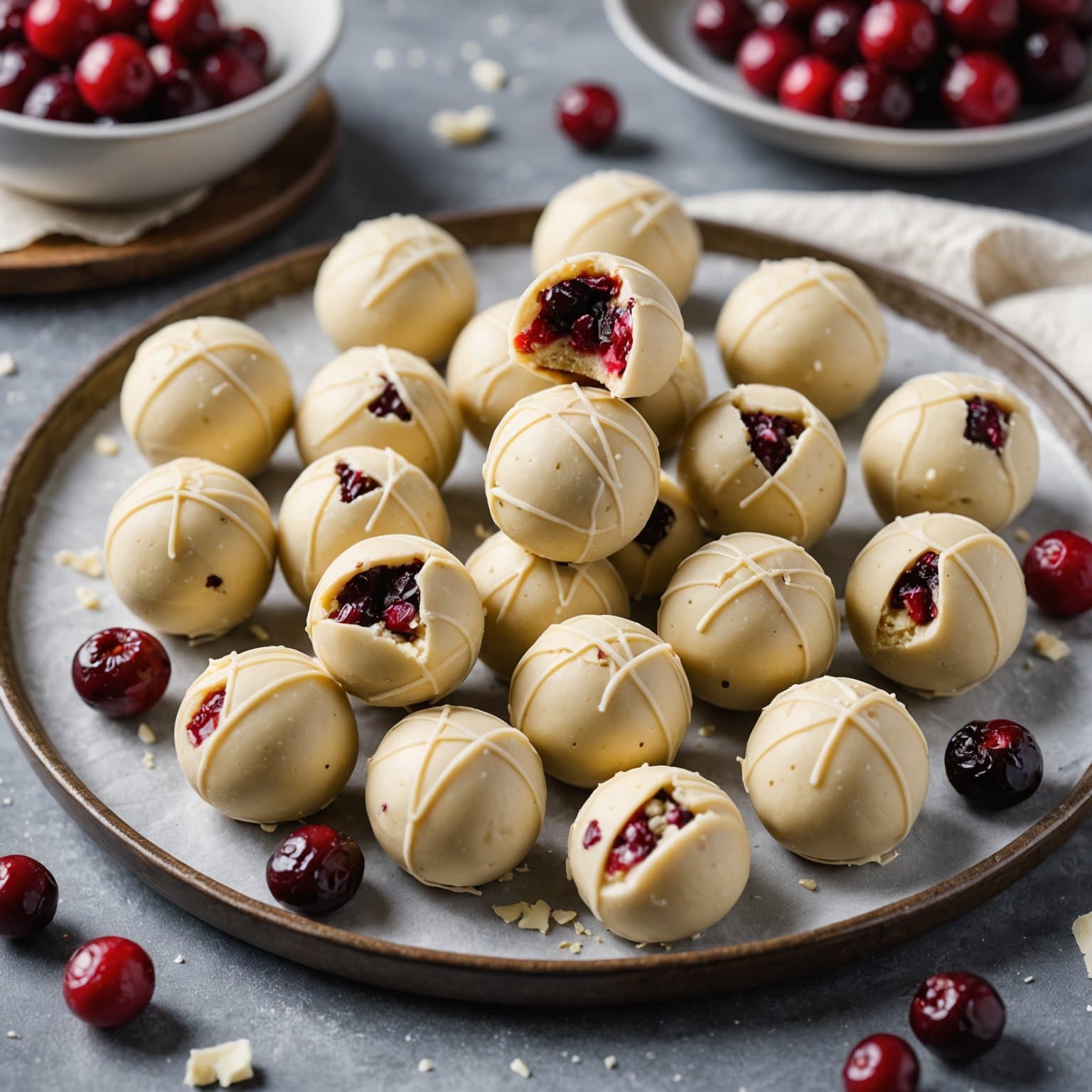 Rike hvite sjokolade- og tranebærtruffler
