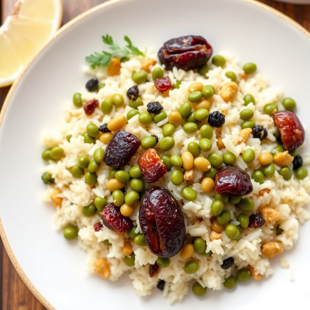 Ris med grønne linser, rosiner og dadler