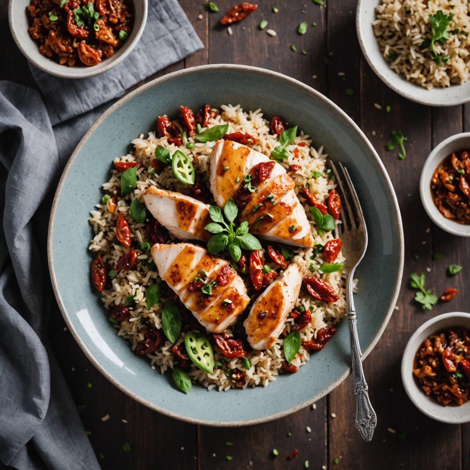 Ris- og kyllingquinoa med soltørkede tomater