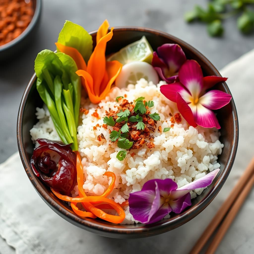 Risbolle med grønnsaksblomster og hoisinsaus