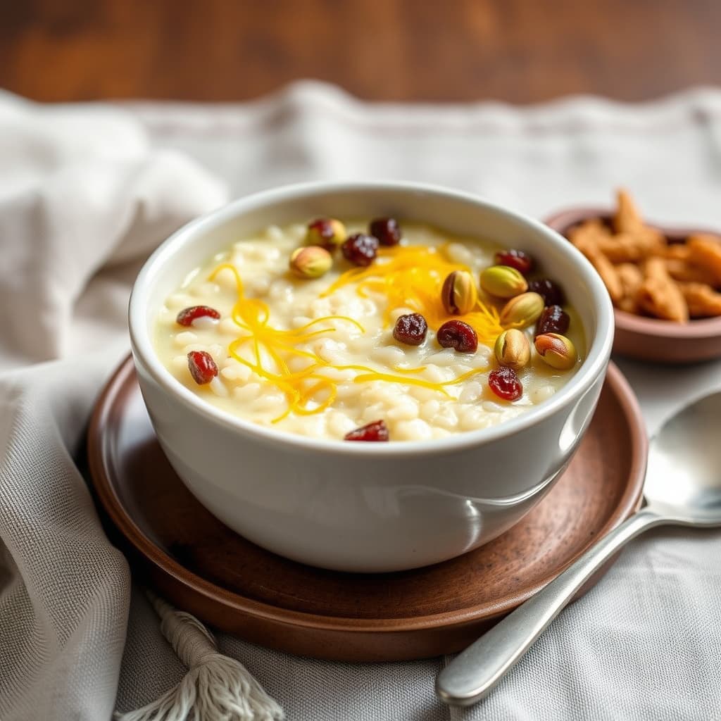 Risgrøt med pistasjnøtter, rosiner og safran