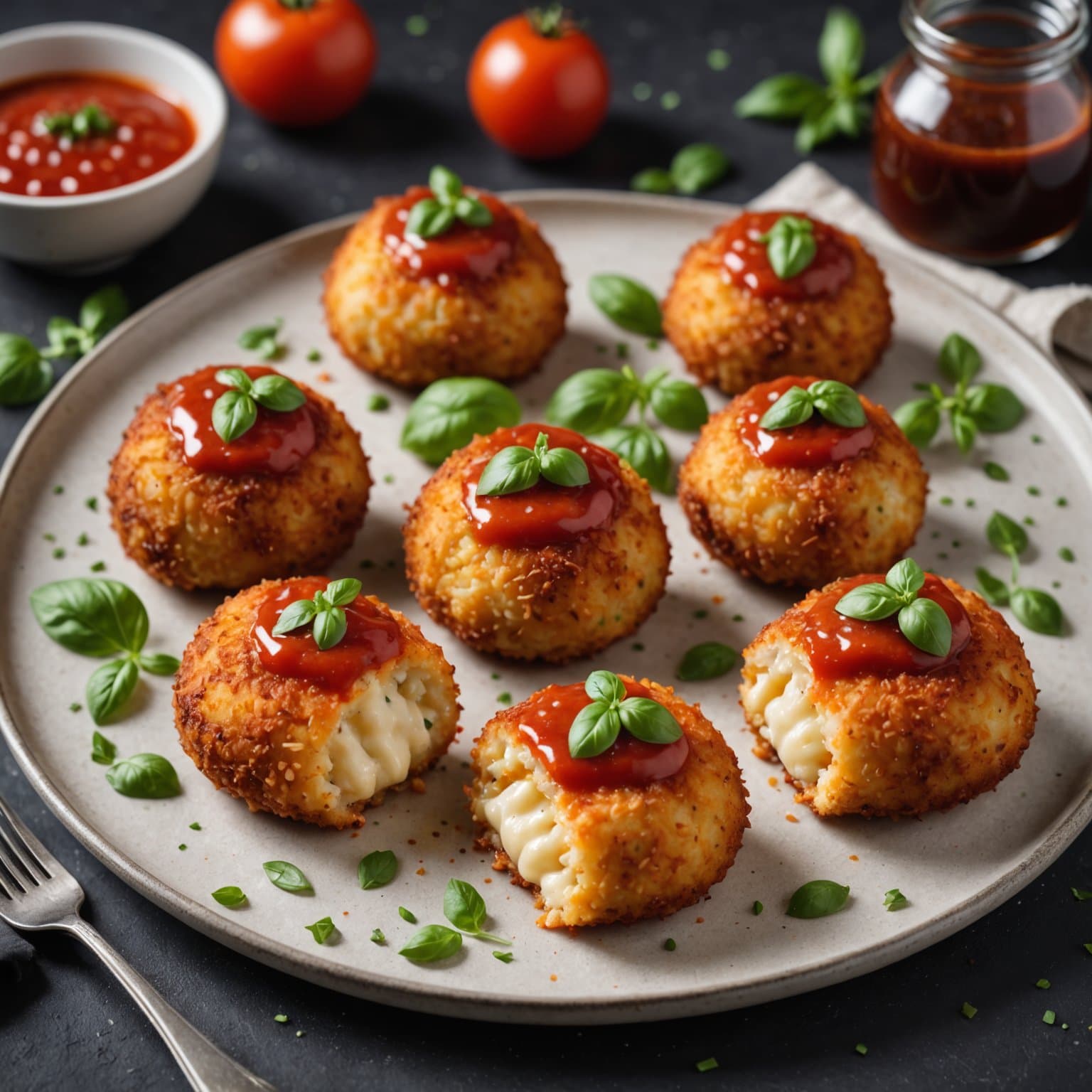 Risottokroketter fylt med ost, servert med tomatsaus