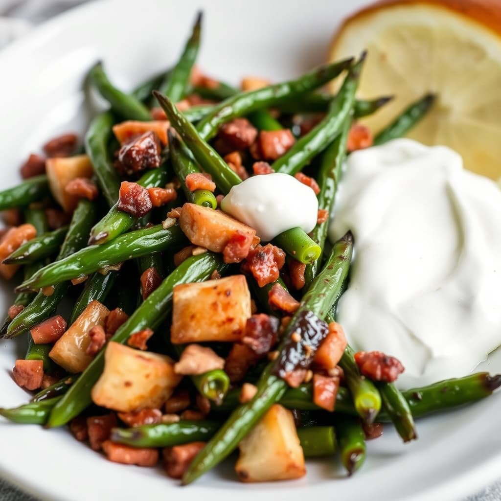 Ristede grønne bønner med pancetta og yoghurt