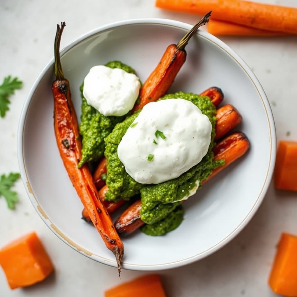 Ristede gulrøtter med gulrøttetopp-pesto og burrata