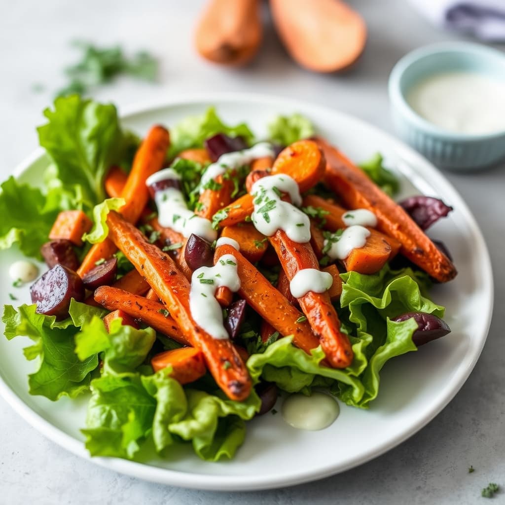 Ristede gulrøtter og rødbladsalat med dressing av kulturmelk og urter