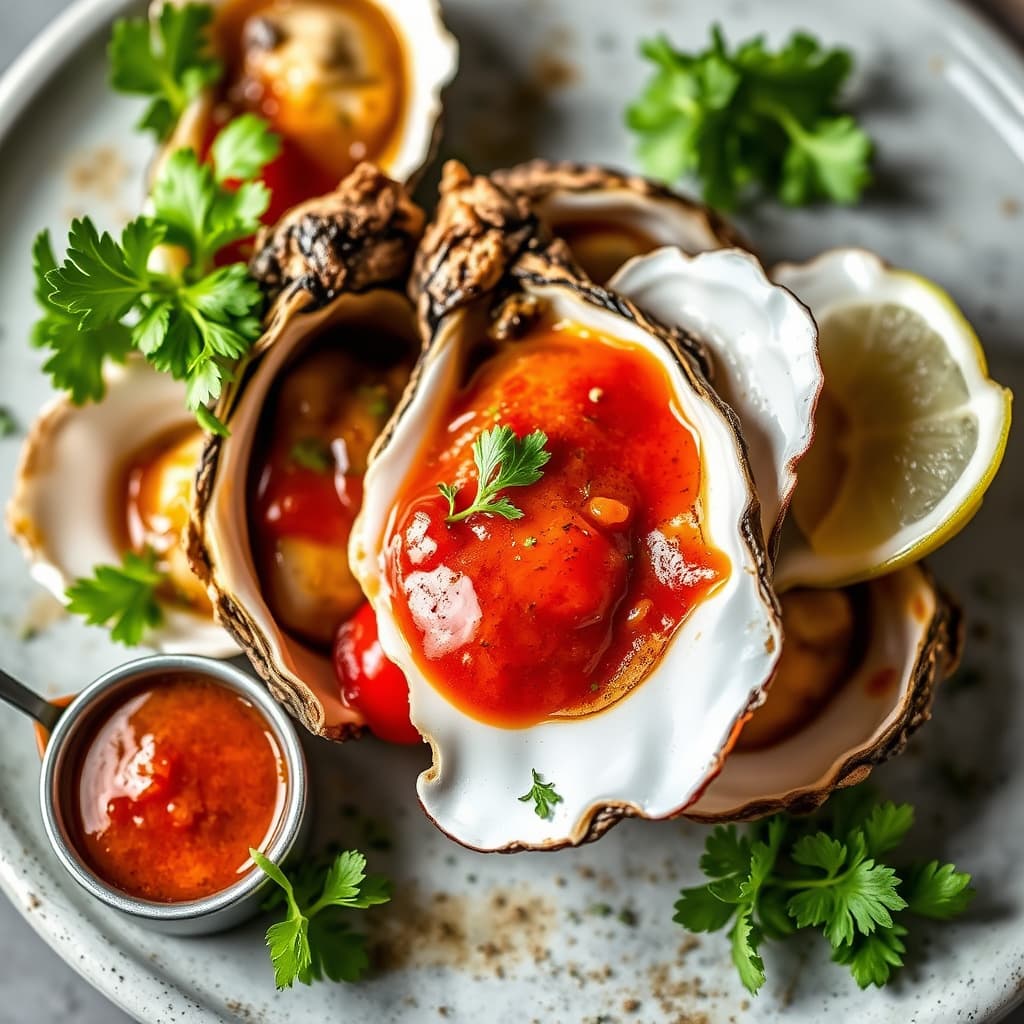 Ristede østers i øl med hjemmelaget sterk saus