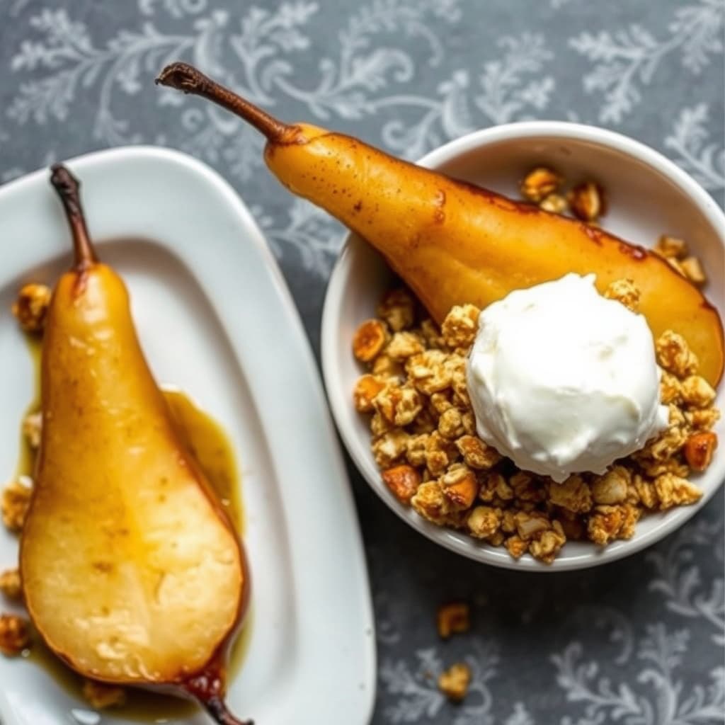 Ristede pærer med kardemomme-granola og vaniljeis