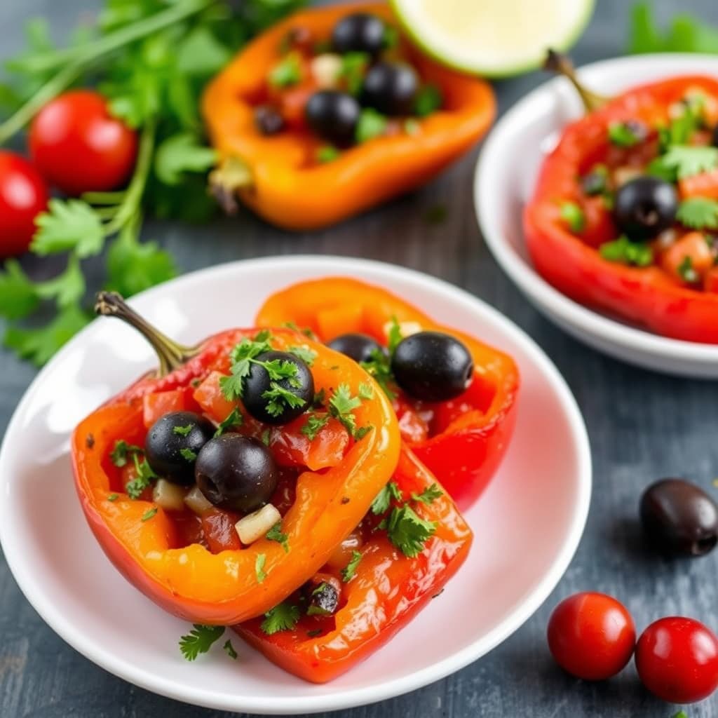 Ristede paprikaer med persille og svarte oliven